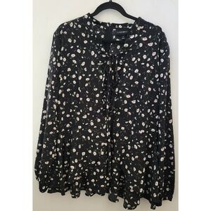 Lane Bryant Black Daisy Floral Lace Up V-Neck Peplum Blouse Top Womens 18